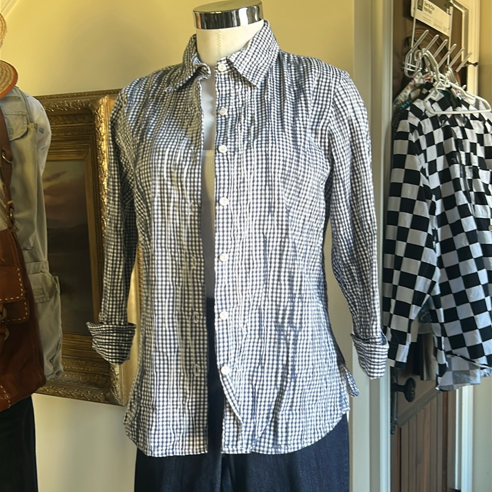 Cold water Creek Sz M Blue White Gingham Button Down Like New